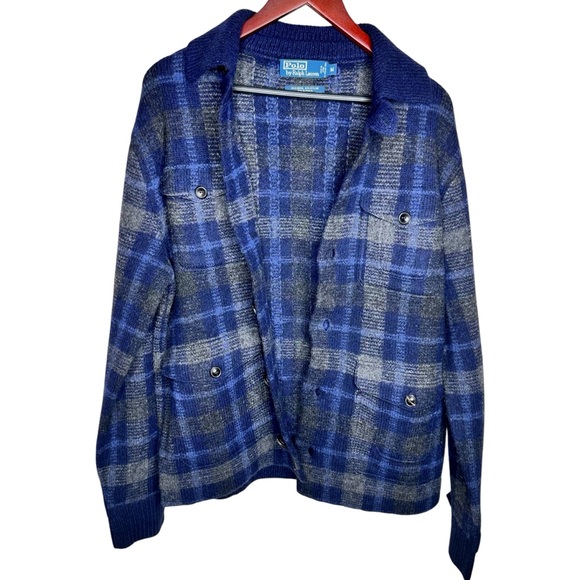Vintage 80s Polo Ralph Lauren Plaid Wool & Alpaca Cardigan Sweater Jacket Blue - Picture 2 of 16